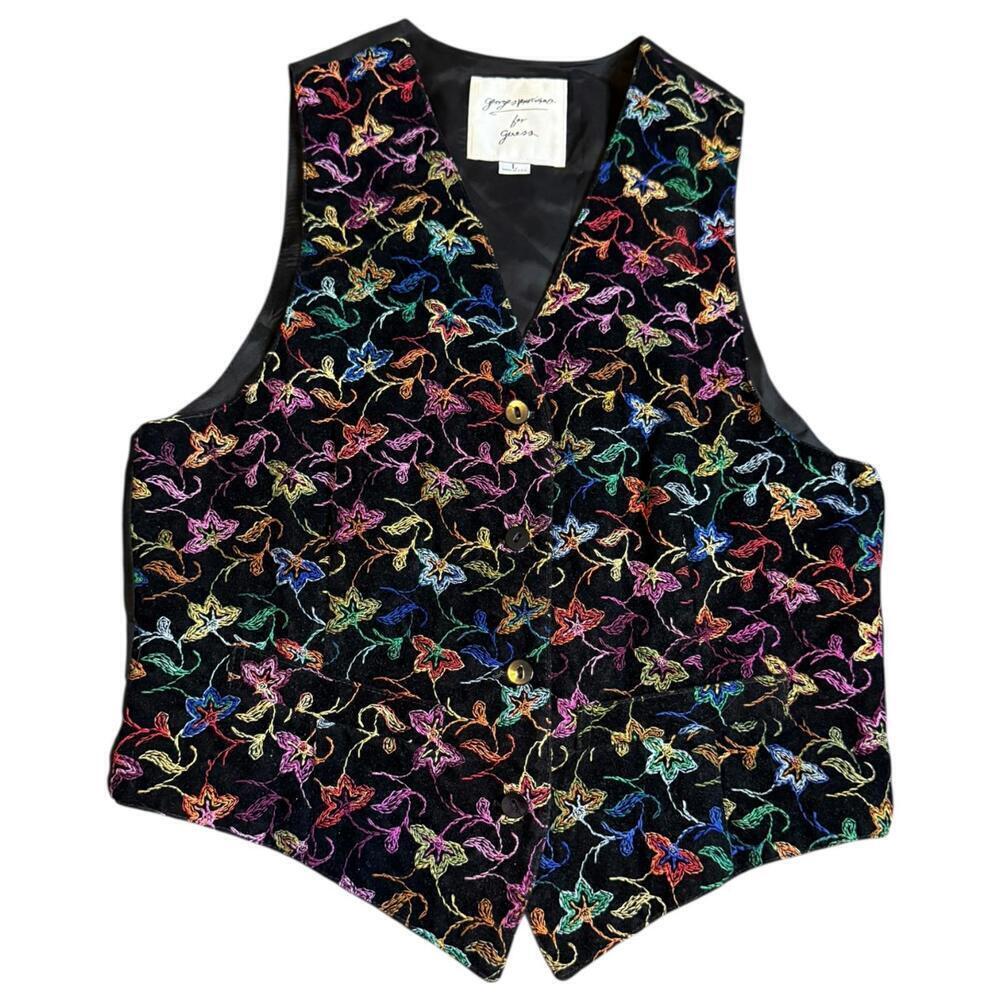George Marciano for Guess Velvet Vest Embroidered Multicolor Floral L